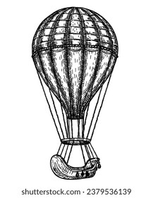 Ilustración del aerostato en estilo vintage grabado. Globo de aire caliente. Esbozo de tinta del aerostato aislado en fondo blanco. Ilustración vectorial dibujada a mano. Estilo retro.