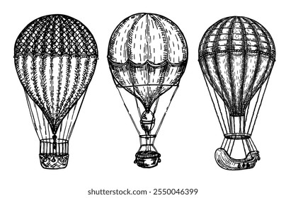 Ilustración de aerostato en estilo vintage grabado. Globos de aire caliente. Boceto de tinta de aerostato aislado sobre fondo blanco. Ilustración vectorial dibujada a mano. Estilo retro.