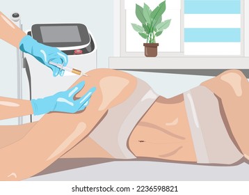 Illustration. Aesthetic cosmetologist makes lipolytic injections to burn fat on the legs and body of a woman. Female aesthetic cosmetology in a beauty salon.Cosmetology concept