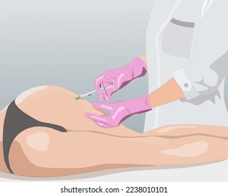 Illustration. Aesthetic cosmetologist makes lipolytic injections to burn fat on the legs and body of a woman. Female aesthetic cosmetology in a beauty salon.Cosmetology concept