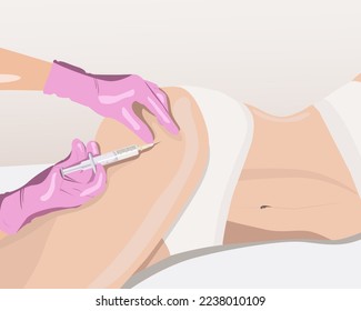 Illustration. Aesthetic cosmetologist makes lipolytic injections to burn fat on the legs and body of a woman. Female aesthetic cosmetology in a beauty salon.Cosmetology concept