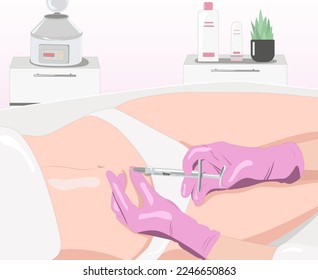 Illustration. Aesthetic cosmetologist makes lipolytic injections to burn fat on the legs and body of a woman. Female aesthetic cosmetology in a beauty salon.Cosmetology concept	