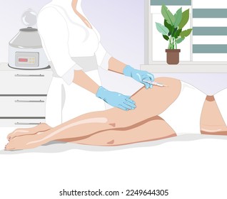 Illustration. Aesthetic cosmetologist makes lipolytic injections to burn fat on the legs and body of a woman. Female aesthetic cosmetology in a beauty salon.Cosmetology concept