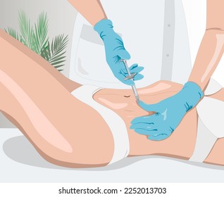 Illustration. Aesthetic cosmetologist makes lipolytic injections to burn fat on the legs and body of a woman. Female aesthetic cosmetology in a beauty salon.Cosmetology concept	