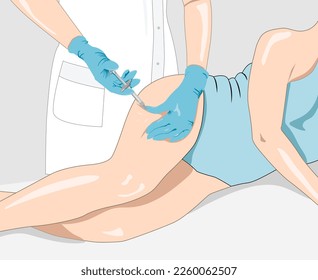 Illustration. Aesthetic cosmetologist makes lipolytic injections to burn fat on the legs and body of a woman. Female aesthetic cosmetology in a beauty salon.Cosmetology concept	
