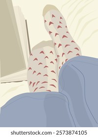 Illustration of aesthetic feet wearing socks with love patterns, resting on a bed with a book on the side, symbolizing comfort, relaxation, and cozy romantic vibes, perfect for lifestyle themes