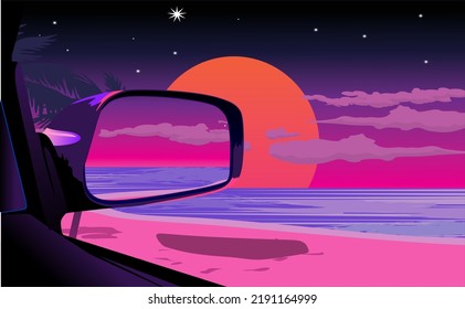 Illustration Aesthetic Sunset Picture Of Rear View Inside The Car