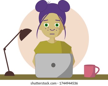 an illustration af a girl sitting at a desk with laptop. Studying or freelance work.
