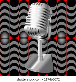 Illustration af a retro microphone over an optical art pattern