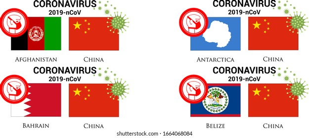 Illustration of  afghanistan, bahrain, antarctica, belize, china flag with germs or virus (coronavirus or covid-19) and respiratory masker. 