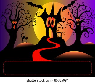 illustration afraid house tree and cat in halloween