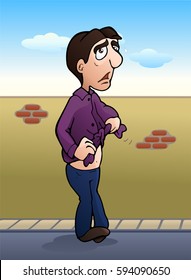 illustration of an afraid man knot his shirt on outdoor background