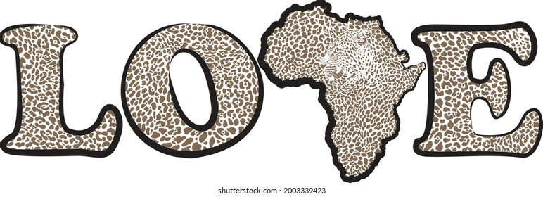 Illustration of Africa continent with leopard background and text Love to protect the environment in the continent of Africa