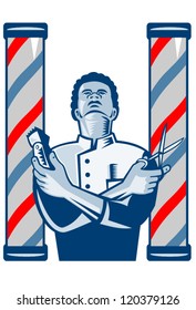 Illustration of an african american barber with arms crossed holding a hair clipper and a pair of scissors with upright barber's  pole on isolated white background.