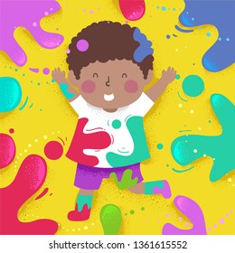 Illustration of an African American Boy Wearing White Shirt and Playing with Color Splats Around