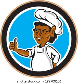 Illustration of african american chef cook thumbs up looking to the side set inside circle on isolated background done in cartoon style.