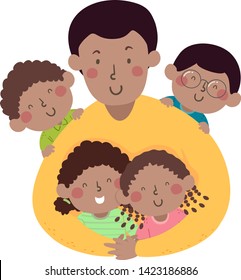 Illustration of an African American Father Hugging His Kids