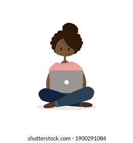 An illustration with a African American freelancer. Dark skinned girl sitting with her laptop. Remote work. Online schooling concept. Isolated on white. 