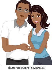 Illustration of an African American Girl With Her Arms Wrapped Around the Waist of Her Father