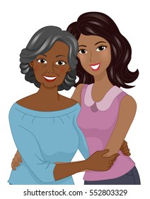 Illustration of an African American Girl With Her Arms Wrapped Around the Waist of Her Mother