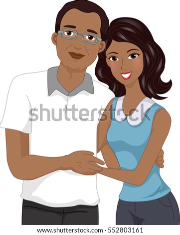 Illustration of an African American Girl With Her Arms Wrapped Around the Waist of Her Father