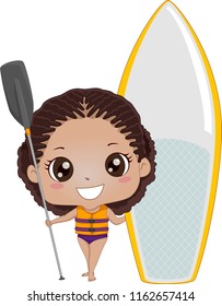 Illustration of an African American Girl Holding a Paddle and a Board for Paddleboarding