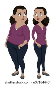 Illustration of an African American Girl Showing Weightloss Using a Before and After Comparison