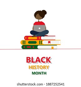 An illustration of an African American girl sitting on a stack of books. Teen with a laptop. Black history month banner template. African culture appreciation.