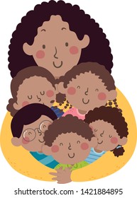 Illustration of an African American Girl Teacher Giving Her Students a Big Hug