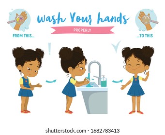 Illustration of a african american girl washing her hands on a white background. Wash your Hands Properly Step Poster Infographic illustration