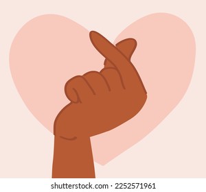 Illustration of an African American hand doing a mini heart symbol. Love sign with index finger and thumb crossed. Korean gesture showing love and respect. Saint Valentine's day, anti-racism concept.