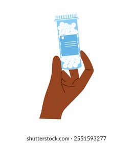 Illustration of an african american hhand holding a pill container. Concept of medical treatment, health, and pharmaceutical aid