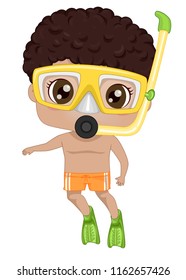 Illustration of an African American Kid Boy Wearing Goggles, Mouthpiece and Fins