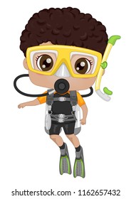 Illustration of an African American Kid Boy Wearing Goggles,  Fins and Carrying an Oxygen Tank for Scuba Diving