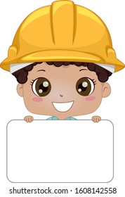 Illustration of an African American Kid Boy Wearing a Yellow Hard Hat and a Blank Name Tag