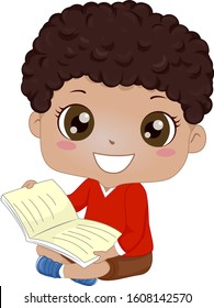 Illustration of an African American Kid Boy Sitting Down and Holding an Open Book for Reading