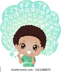 Illustration of an African American Kid Boy with Thinking Cloud Counting to One Hundred by One