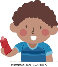 Illustration of an African American Kid Boy Holding a Tube of Something as Sample for Container Quantities Lesson