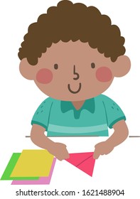 Illustration of an African American Kid Boy Folding Origami with Different Colors of Paper