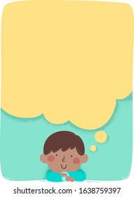 Illustration of an African American Kid Boy Day Dreaming with a Big Blank Thinking Cloud Board with Space for Text