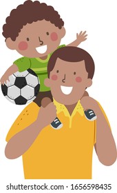 Illustration of an African American Kid Boy Riding on the Back of His Dad While Holding Soccer Ball