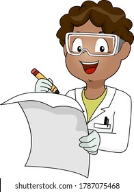 Illustration of an African American Kid Boy Wearing Laboratory Gown, Gloves and Goggles and Writing Findings on Paper