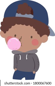 Illustration Of An African American Kid Boy Blowing Bubble Gum, Childhood Memories