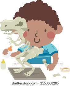 Illustration of African American Kid Boy Assembling Tyrannosaurus TRex Mini Dinosaur Bones Using Glue