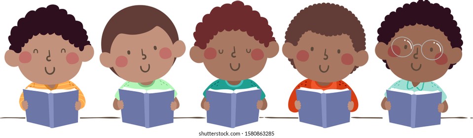 Illustration of African American Kid Boys Reading a Book and Sitting in a Row as Border