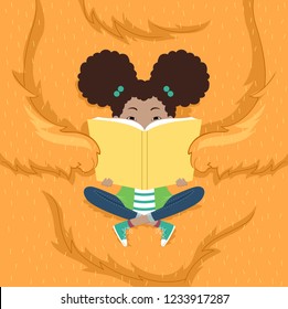 Illustration of an African American Kid Girl Reading a Book with a Big Fluffy Monster Holding Her