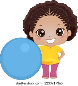 Illustration of an African American Kid Girl with a Big Exercise Ball