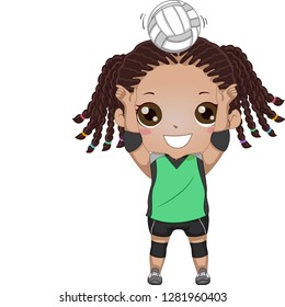 Illustration of an African American Kid Girl Setter Tossing a Volleyball Ball Up