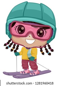 Illustration of an African American Kid Girl Wearing Goggles, Helmet Using Skis and Sticks