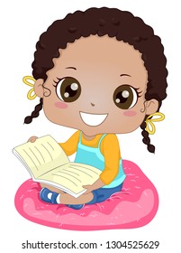 Illustration of an African American Kid Girl Sitting Down a Cushion Reading a Book